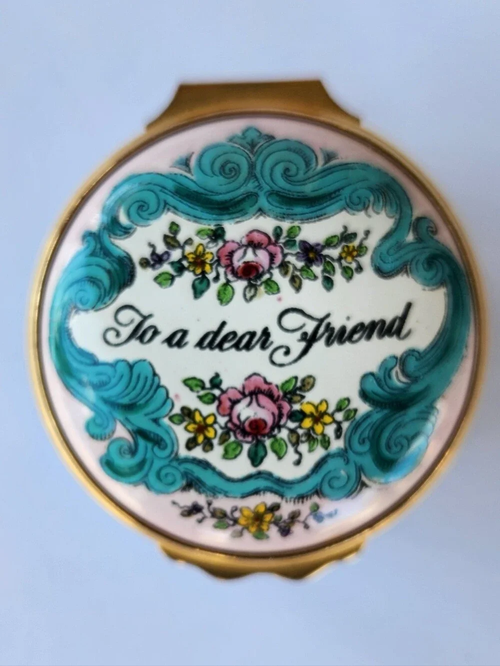 Vintage Halcyon Days Enamel Floral Tiny Round Trinket Pill Box To a Dear Friend